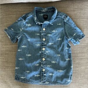 GAP Boys Denim Shark-Print Button-Front Shirt - Blue